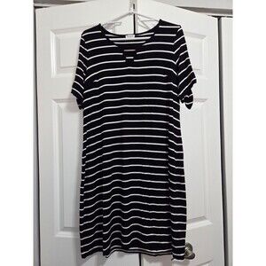 Westport Dress Black Stripe Shift Short Sleeve Cold Shoulder, Large